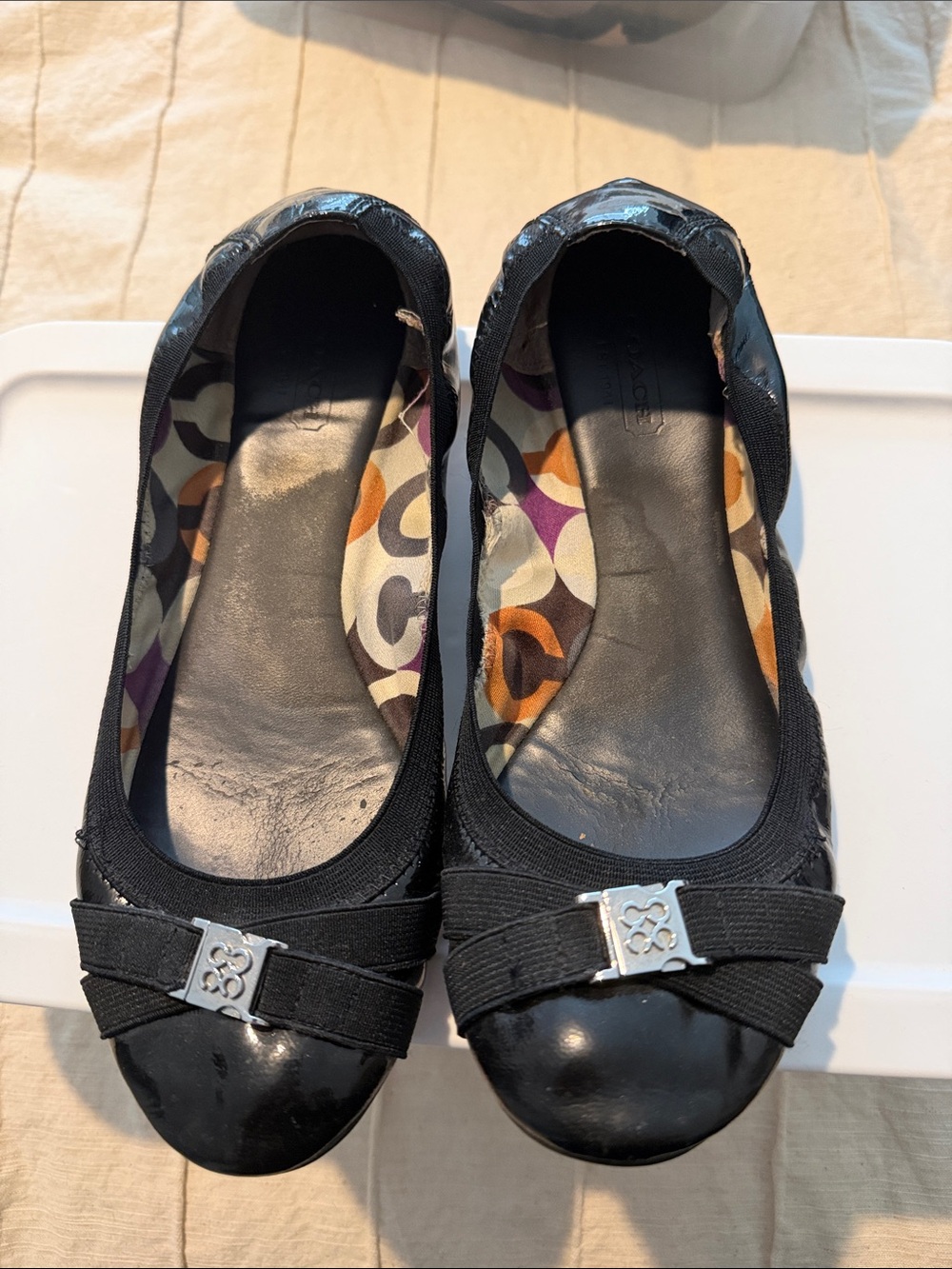 Coach Black Patent Leather Ballet Flats with Patterned Insole
